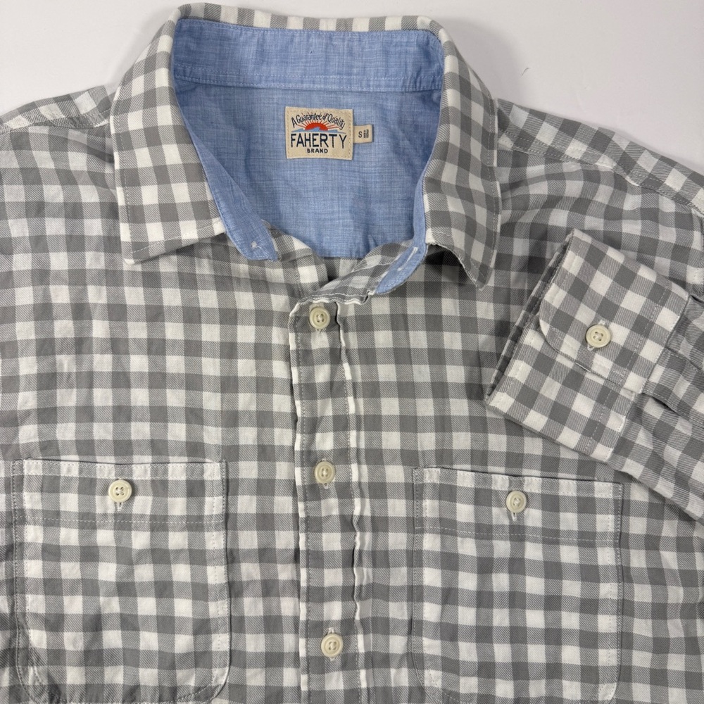Faherty Buttondown Shirt Grey White Checkered Men’s Small 100% Cotton Safari